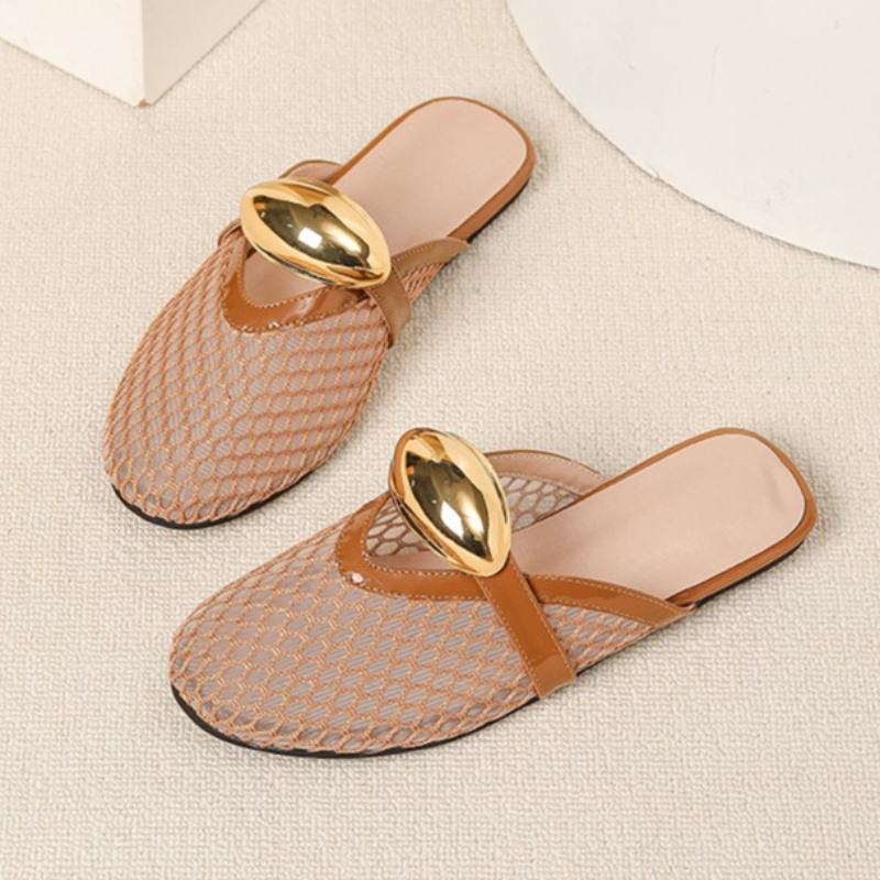 Summer Mesh Flat Slippers Wome - Mesh Strap Metal ulasan dan harga
