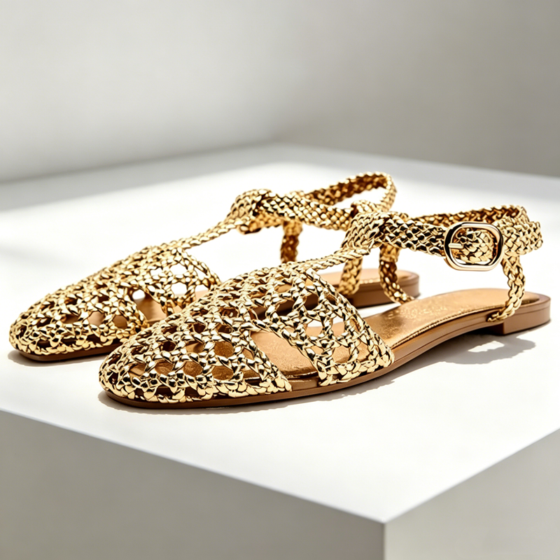 Golden Mesh Woven Flat Sandals - Mesh Strap Metal ulasan dan harga