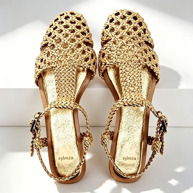 Golden Mesh Woven Flat Sandals - Mesh Strap Metal ulasan dan harga