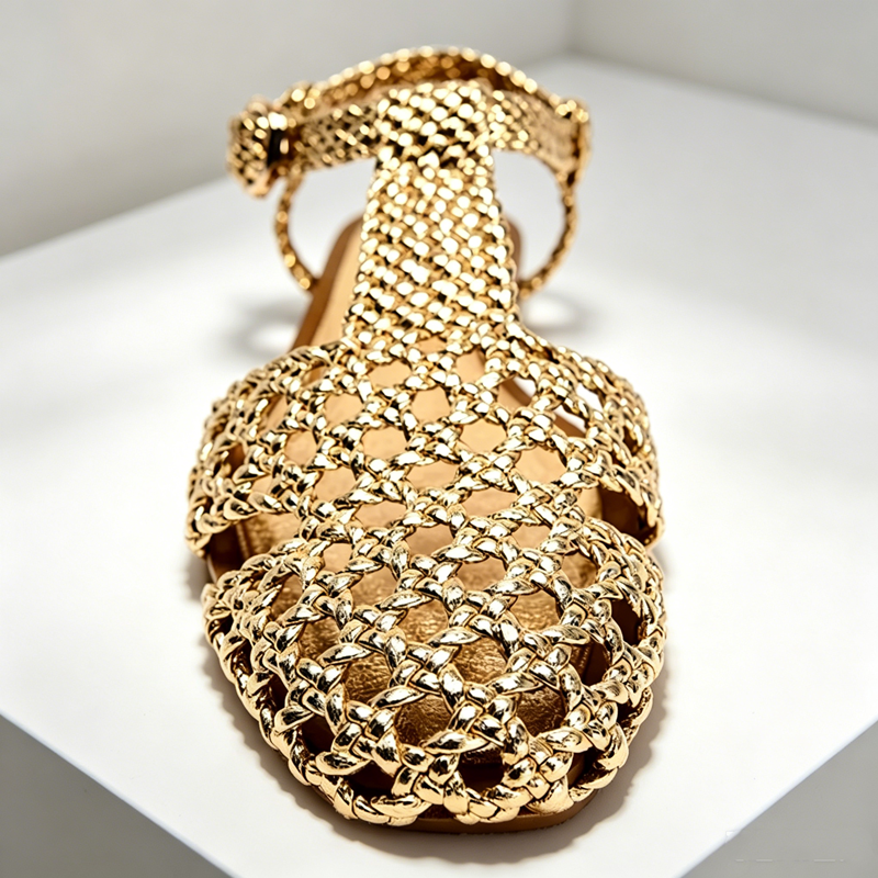 Golden Mesh Woven Flat Sandals - Mesh Strap Metal ulasan dan harga